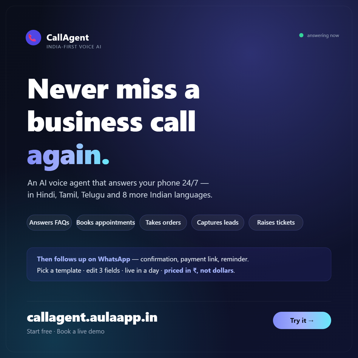 CallAgent — India-first voice AI that answers business calls 24/7